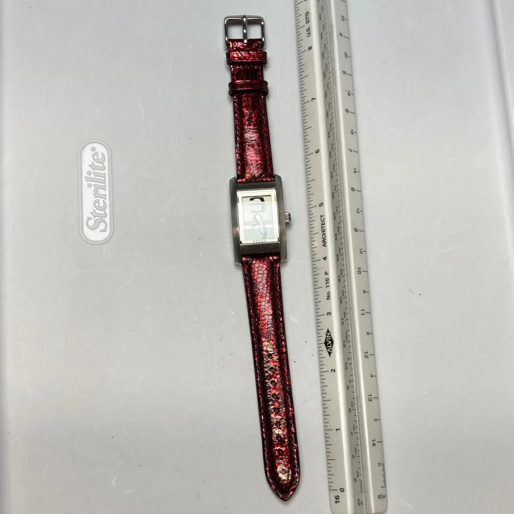 Fossil Big Tic JR-7993, red and black strap, new batteries, stainless